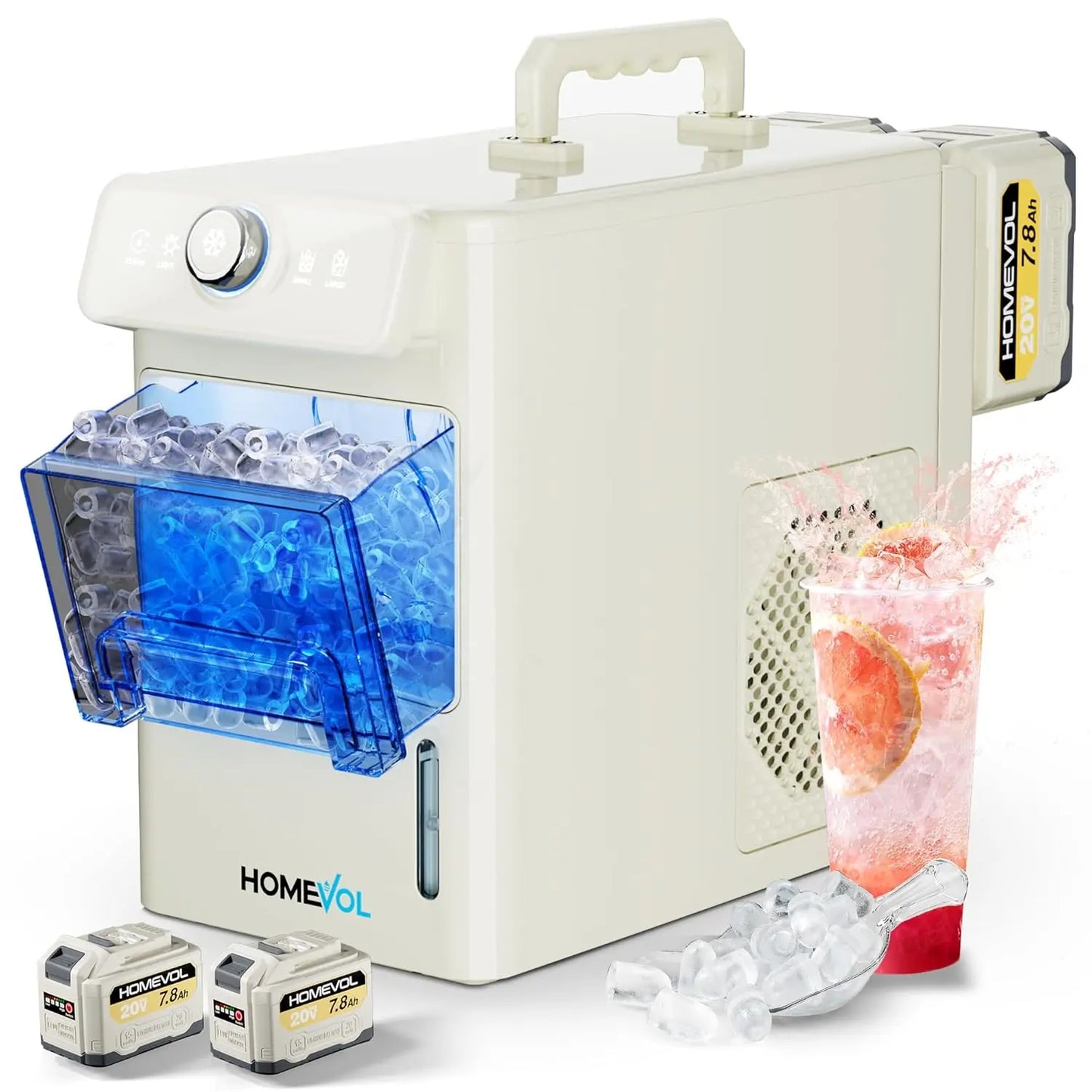 HOMEVOL Cordless Portable Ice Maker, Compatible with Dewalt 2*20V 7.8Ah Rechargeable Battery Powered Countertop Ice Machine with Scoop, 6 Cubes in 6-8 Mins, 2 Ice Sizes, Auto Self-Cleaning, for Home, Kitchen, Camping, RV & Outdoor Summervibes