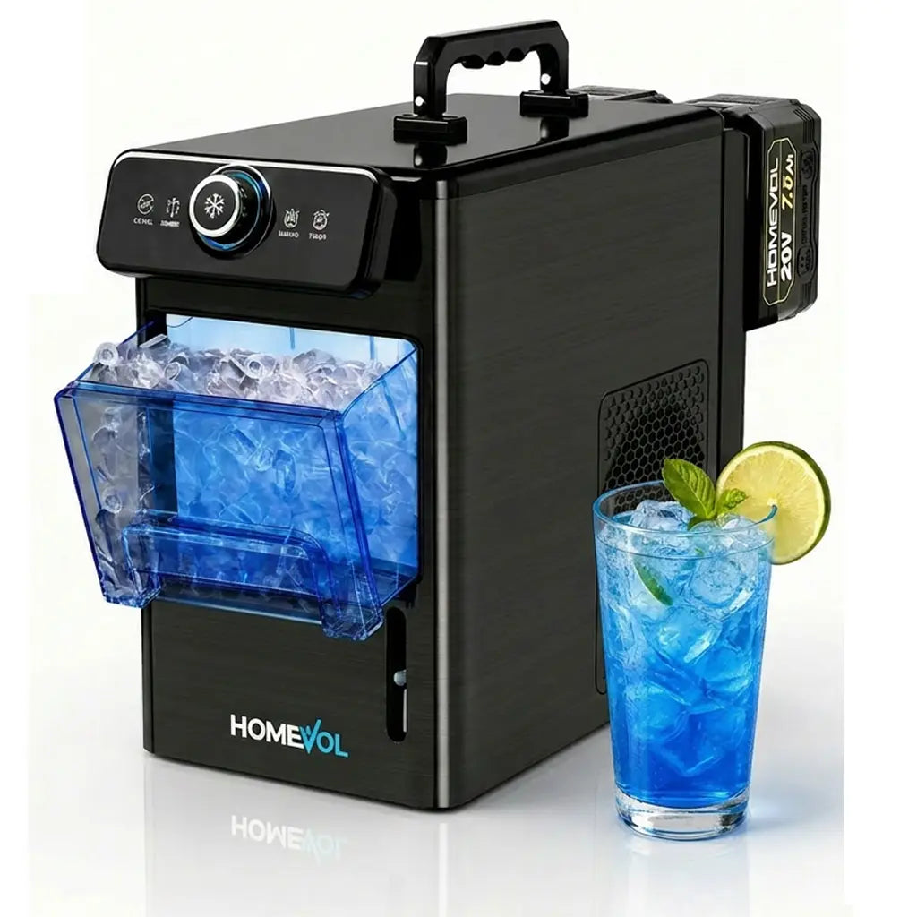 HOMEVOL Cordless Portable Ice Maker, Compatible with Dewalt 2*20V 7.8Ah Rechargeable Battery Powered Countertop Ice Machine with Scoop, 6 Cubes in 6-8 Mins, 2 Ice Sizes, Auto Self-Cleaning, for Home, Kitchen, Camping, RV & Outdoor Summervibes