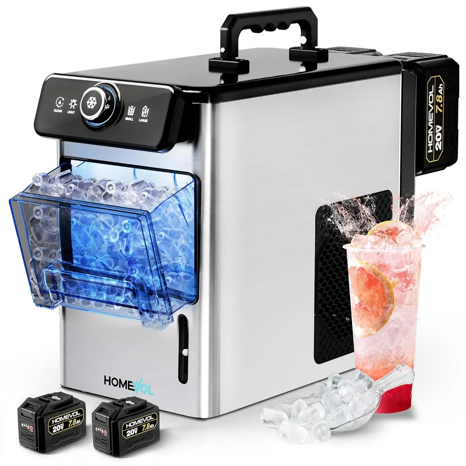 HOMEVOL Cordless Portable Ice Maker, Compatible with Dewalt 2*20V 7.8Ah Rechargeable Battery Powered Countertop Ice Machine with Scoop, 6 Cubes in 6-8 Mins, 2 Ice Sizes, Auto Self-Cleaning, for Home, Kitchen, Camping, RV & Outdoor Summervibes