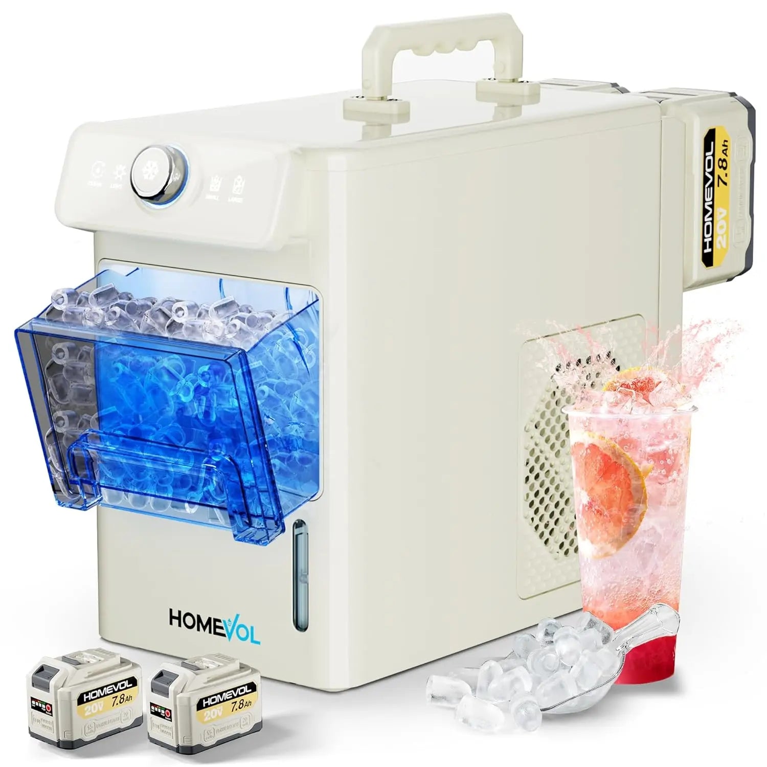 HOMEVOL Cordless Portable Ice Maker, Compatible with Dewalt 2*20V 7.8Ah Rechargeable Battery Powered Countertop Ice Machine with Scoop, 6 Cubes in 6-8 Mins, 2 Ice Sizes, Auto Self-Cleaning, for Home, Kitchen, Camping, RV & Outdoor Summervibes