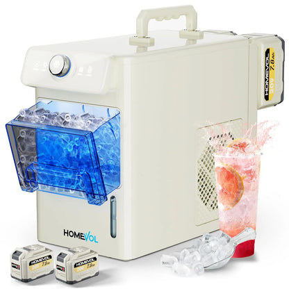 HOMEVOL Cordless Portable Ice Maker, Compatible with Dewalt 2*20V 7.8Ah Rechargeable Battery Powered Countertop Ice Machine with Scoop, 6 Cubes in 6-8 Mins, 2 Ice Sizes, Auto Self-Cleaning, for Home, Kitchen, Camping, RV & Outdoor Summervibes