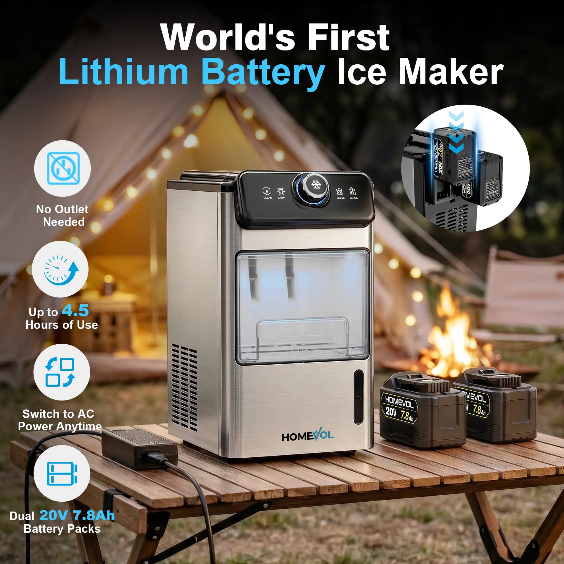 HOMEVOL Cordless Portable Ice Maker, Compatible with Dewalt 2*20V 7.8Ah Rechargeable Battery Powered Countertop Ice Machine with Scoop, 6 Cubes in 6-8 Mins, 2 Ice Sizes, Auto Self-Cleaning, for Home, Kitchen, Camping, RV & Outdoor Summervibes