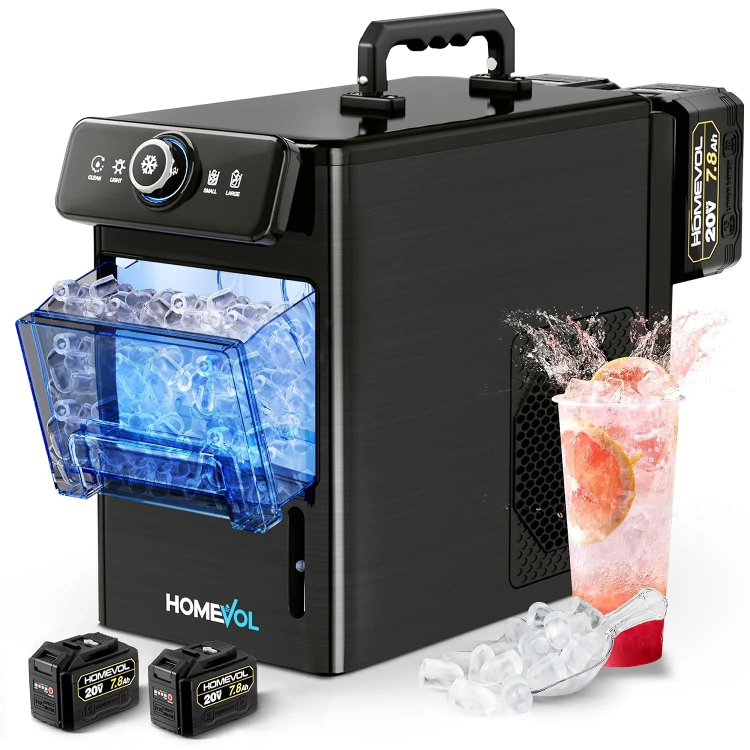 HOMEVOL Cordless Portable Ice Maker, Compatible with Dewalt 2*20V 7.8Ah Rechargeable Battery Powered Countertop Ice Machine with Scoop, 6 Cubes in 6-8 Mins, 2 Ice Sizes, Auto Self-Cleaning, for Home, Kitchen, Camping, RV & Outdoor Summervibes