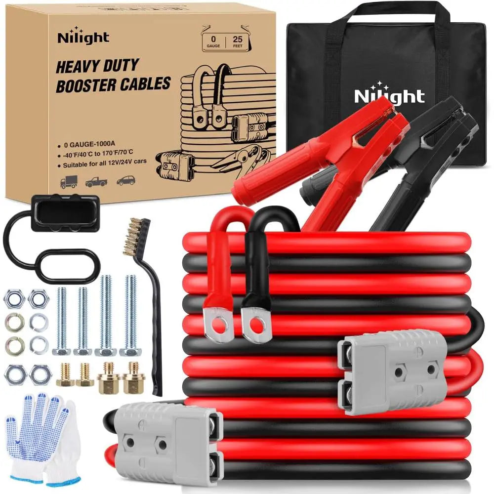 Nilight 0 Gauge 25 Feet Heavy Duty Jumper Cables 1000 Amp Booster Battery Cables with Permanent Installation Kit and Quick Connect Plug Includes Carrying Bag for 12V & 24V Cars Suvs and Trucks Summervibes