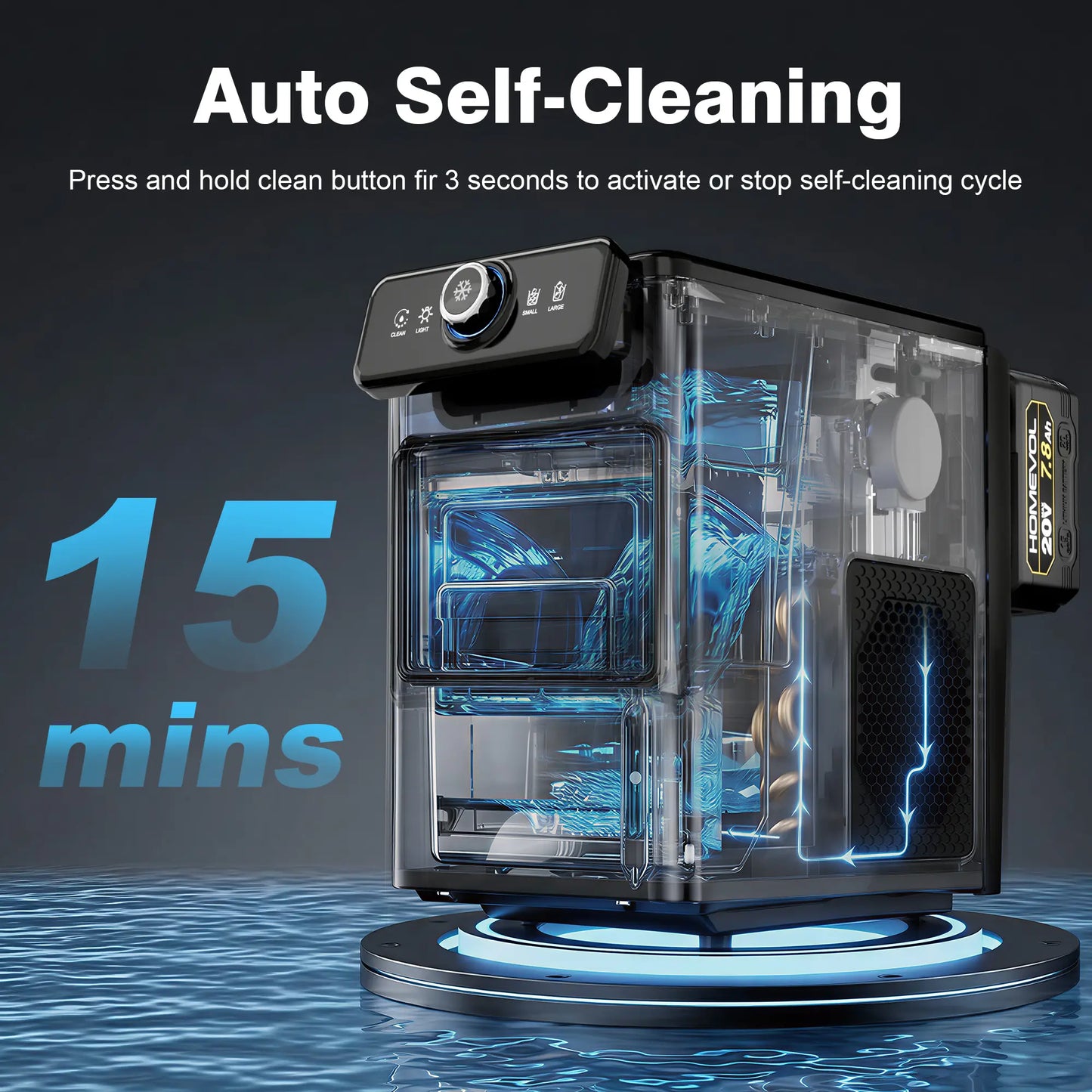 HOMEVOL Cordless Portable Ice Maker, Compatible with Dewalt 2*20V 7.8Ah Rechargeable Battery Powered Countertop Ice Machine with Scoop, 6 Cubes in 6-8 Mins, 2 Ice Sizes, Auto Self-Cleaning, for Home, Kitchen, Camping, RV & Outdoor Summervibes