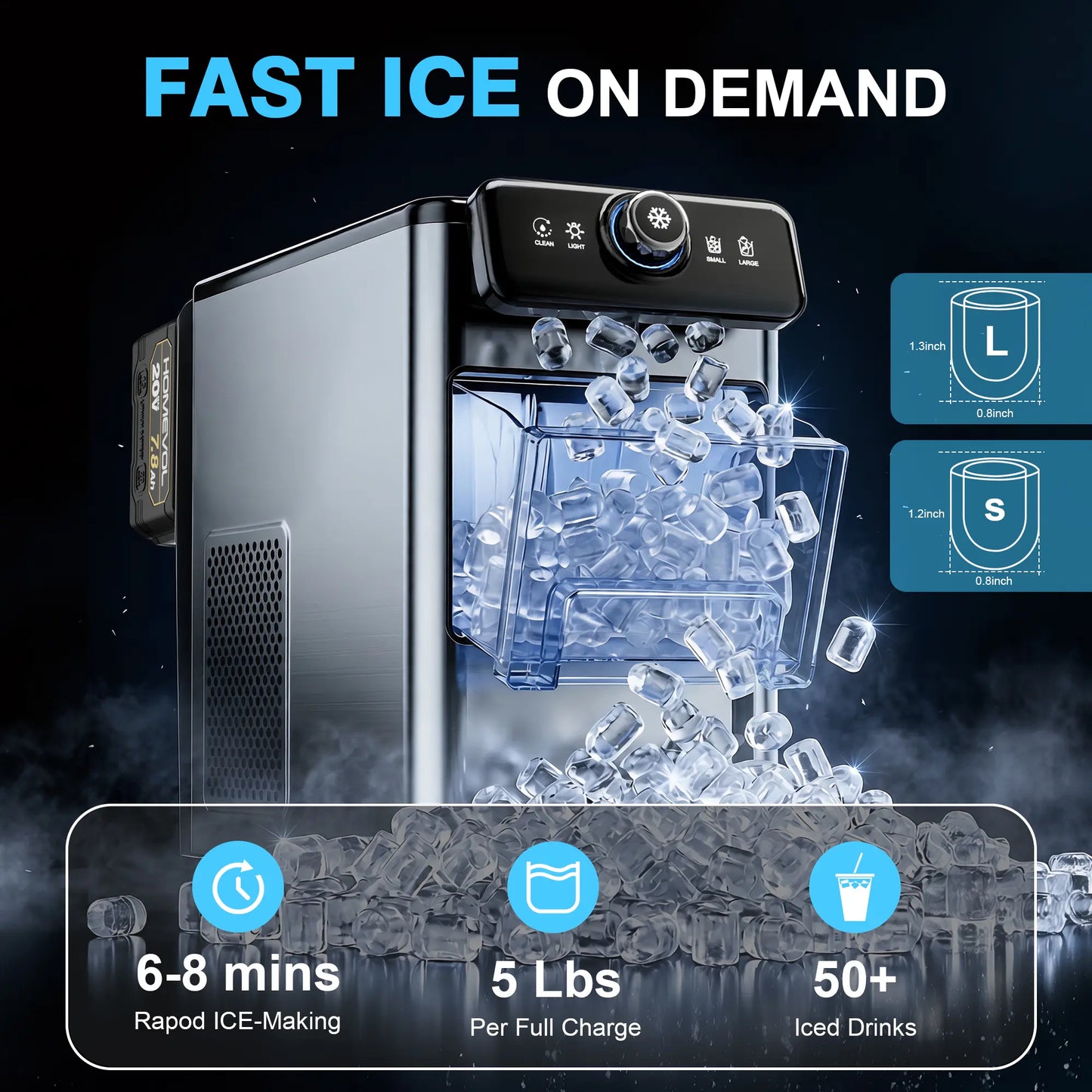 HOMEVOL Cordless Portable Ice Maker, Compatible with Dewalt 2*20V 7.8Ah Rechargeable Battery Powered Countertop Ice Machine with Scoop, 6 Cubes in 6-8 Mins, 2 Ice Sizes, Auto Self-Cleaning, for Home, Kitchen, Camping, RV & Outdoor Summervibes