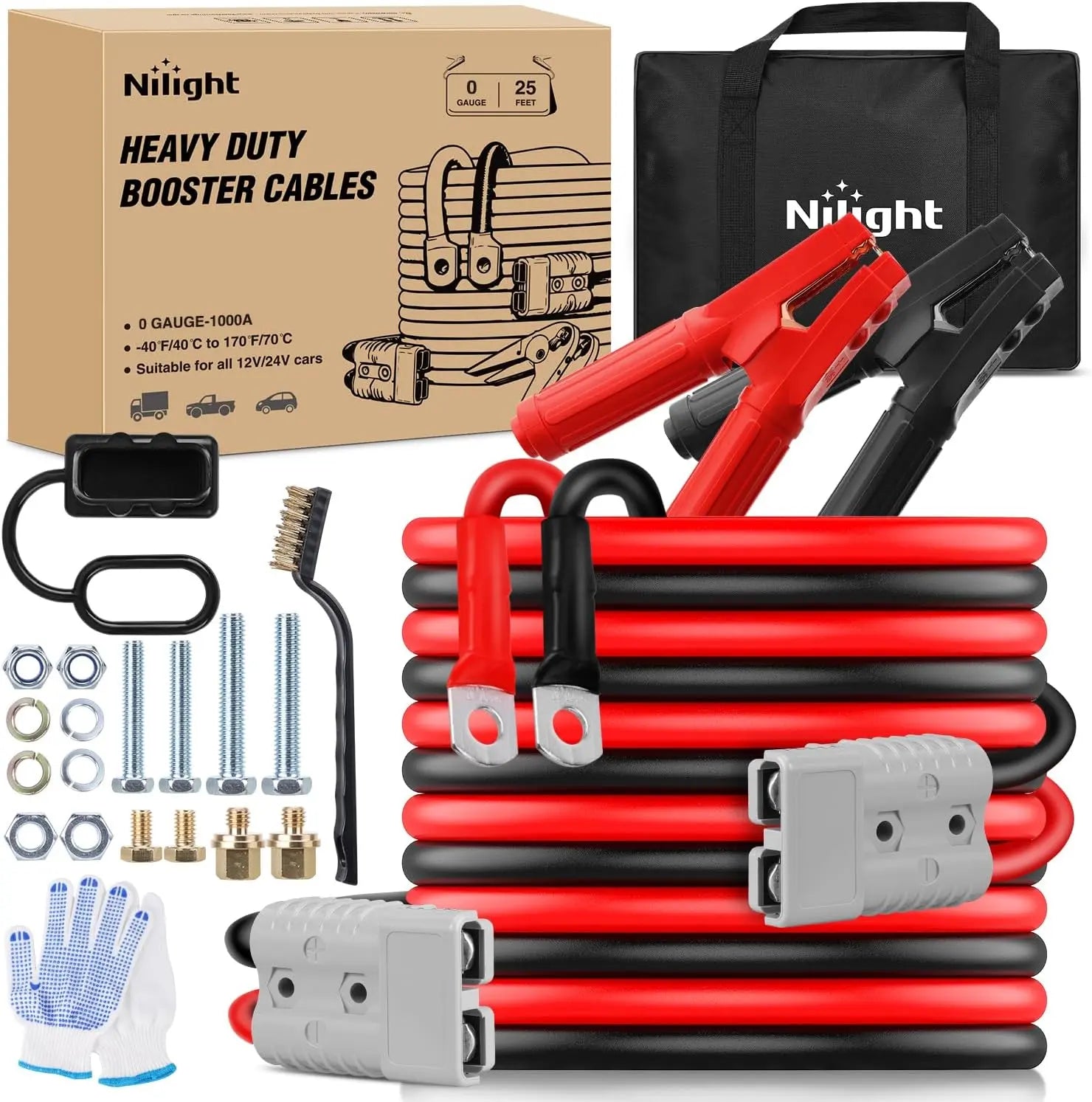 Nilight 0 Gauge 25 Feet Heavy Duty Jumper Cables 1000 Amp Booster Battery Cables with Permanent Installation Kit and Quick Connect Plug Includes Carrying Bag for 12V & 24V Cars Suvs and Trucks Summervibes